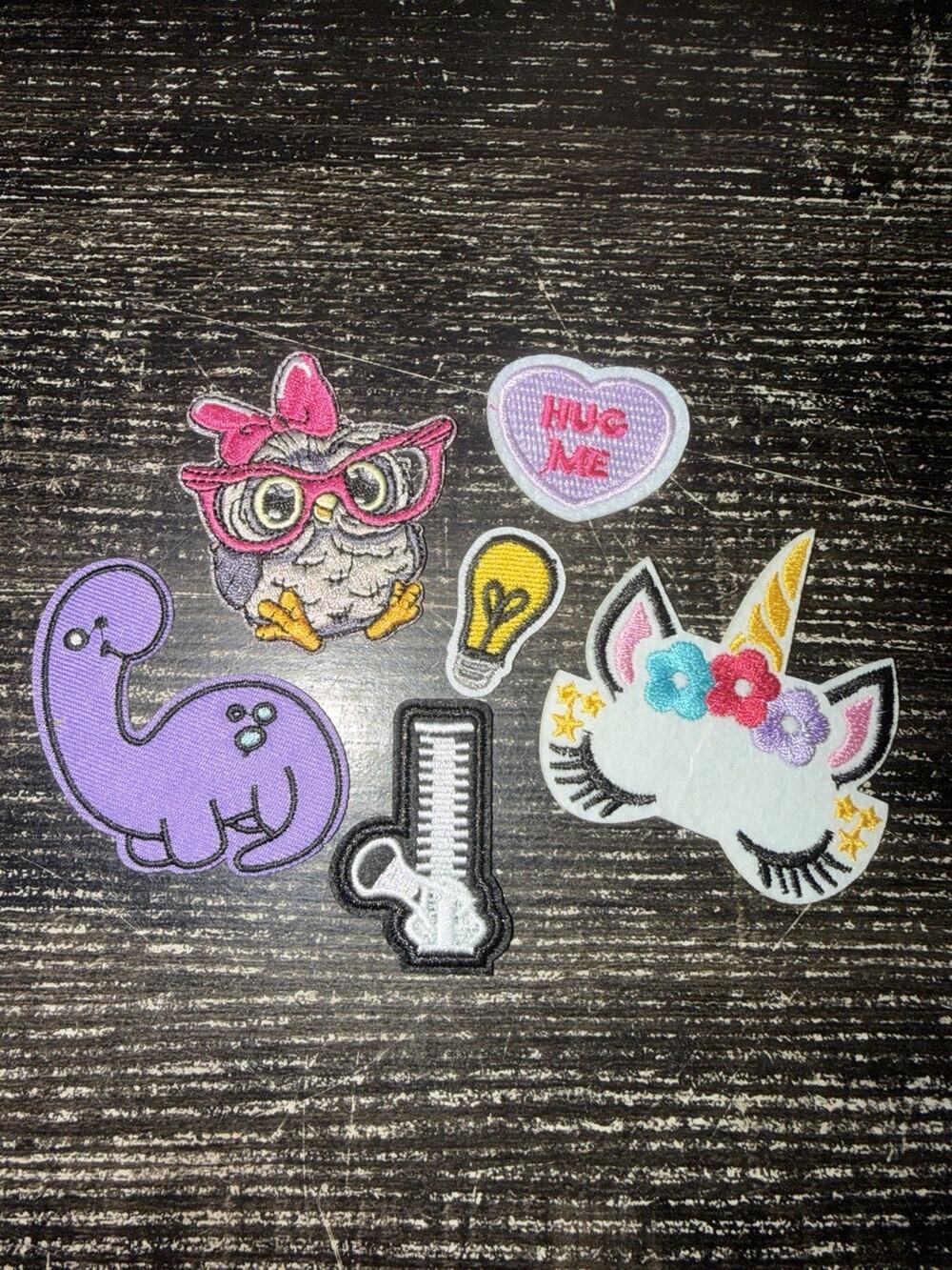 Lot Of 6 Iron on Patches Owl Light Bulb Unicorn Zipper Dinosaur Hug Me